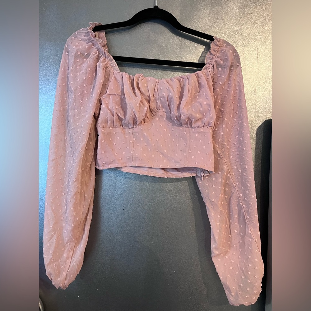Shein Swiss Dot Ruched Bust Frilled Lantern Sleeve Crop Chiffon Blouse